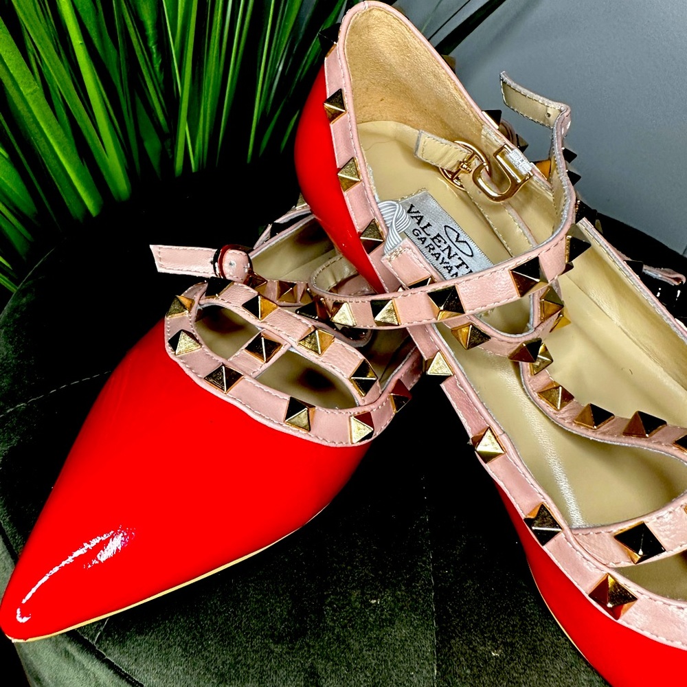 Patent Rockstud Cage Ballerina Flat Size 39 Red Poudre